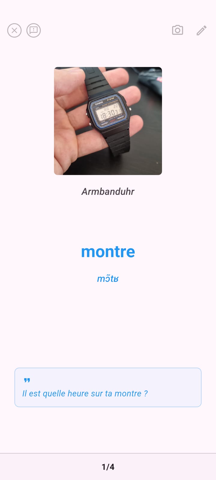Dexxer-Karte für das Wort montre (Armbanduhr), ein Beispiel für ein Wort aus dem Alltag.